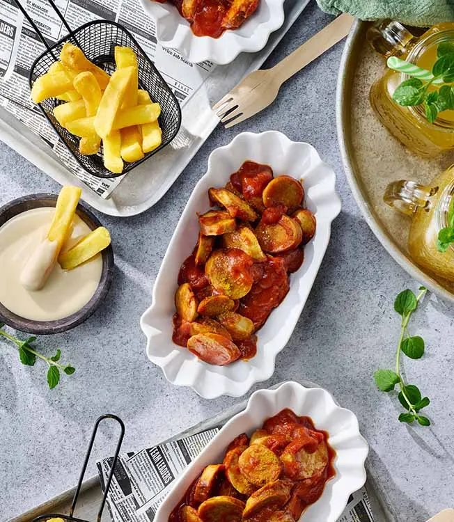 Currywurst s ponzu majonézou a chilli omáčkou