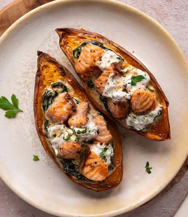 Batáty plněné lososem a špenátem