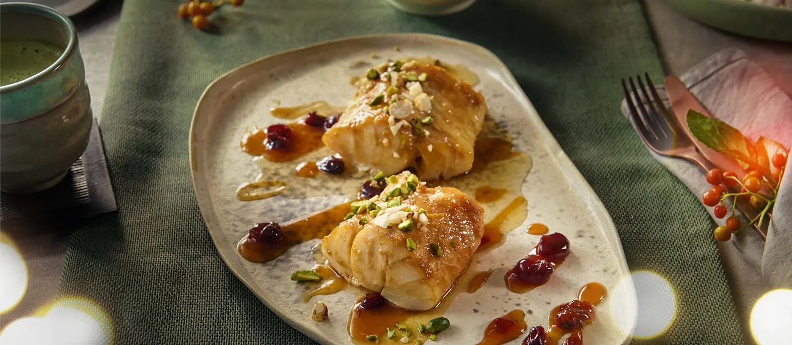 Treska s brusinkami, misem a ořechovou krustou